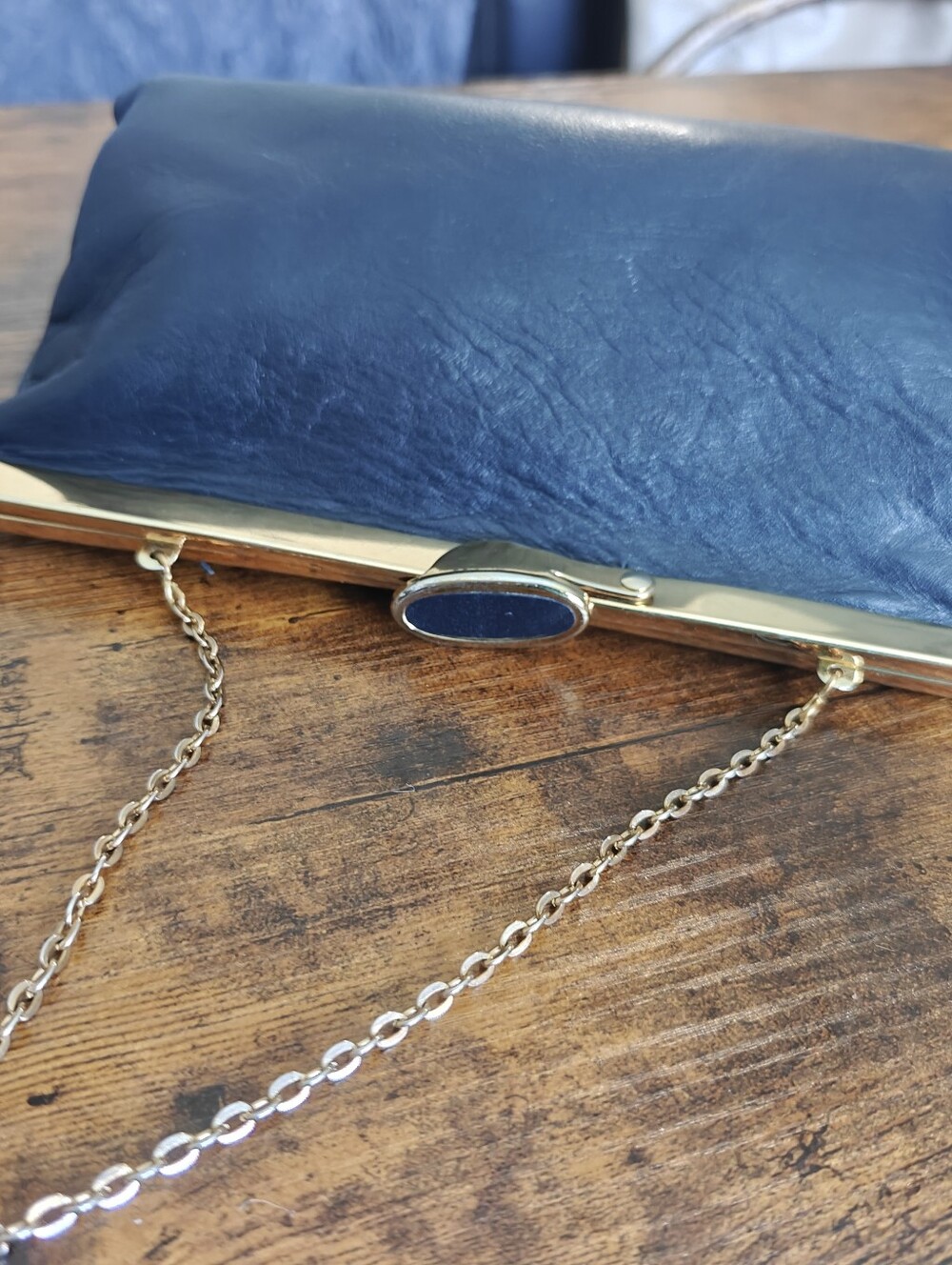Vintage 1950s 60s Etra Black Leather Evening Clutch Gold Frame Chain Purse